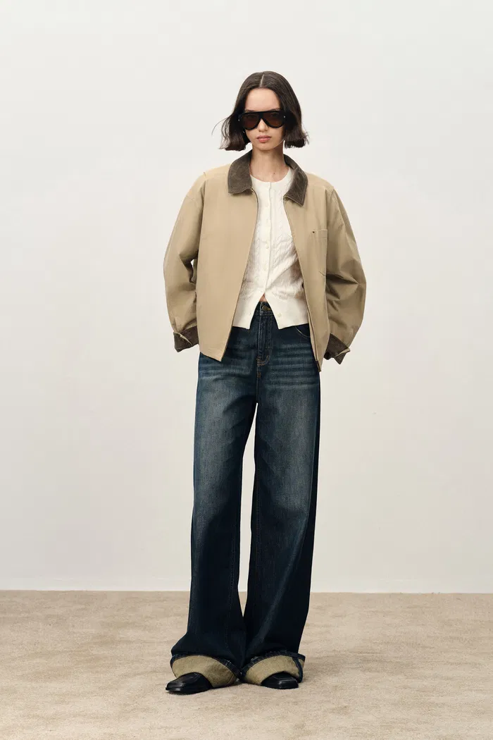 June Contrast Corduroy Collar Quilted Short Jacket in Cotton Twill
