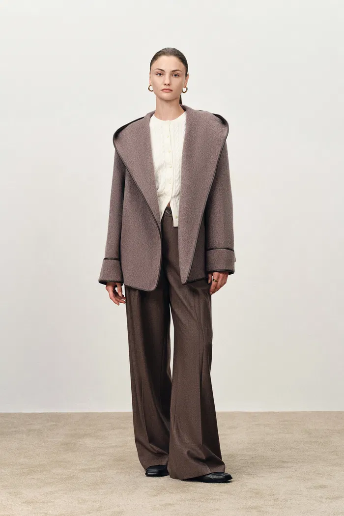 Mila Belted Leather Trimmed Oversized Hooded Pea Coat in Double Face Merino Camel