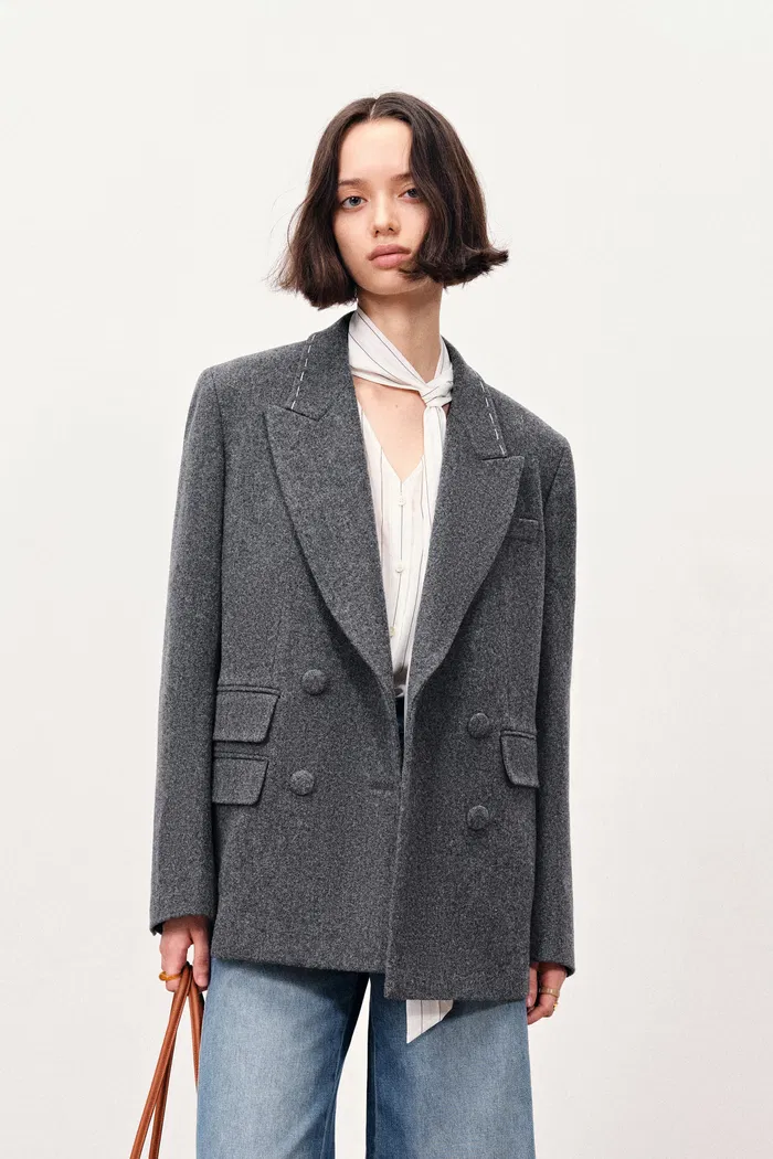 Ava Hand Work Contrast Stitching Blazer in Australian Merino Wool