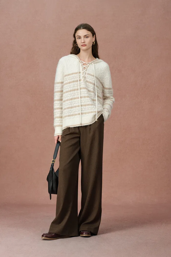 Clara Striped Cable Hoodie Sweater in Wool-Alpaca Blend Knit