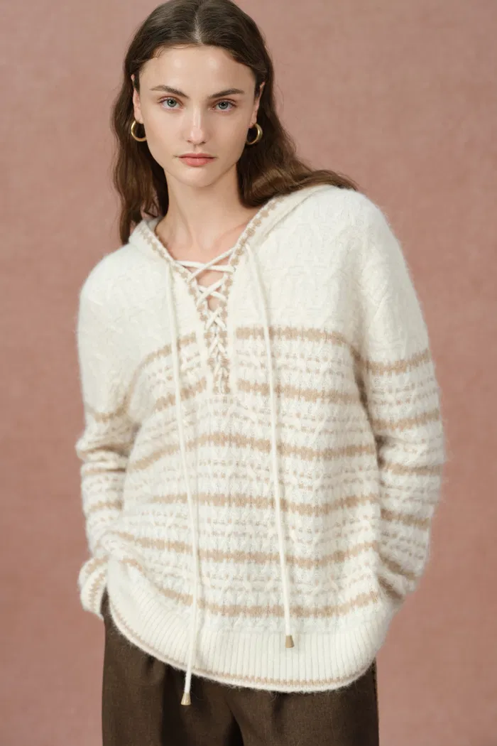 Clara Striped Cable Hoodie Sweater in Wool-Alpaca Blend Knit
