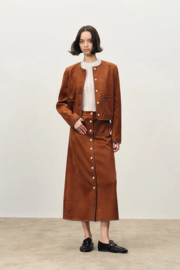 Olivia Contrast Trim Jacket in Faux Suede
