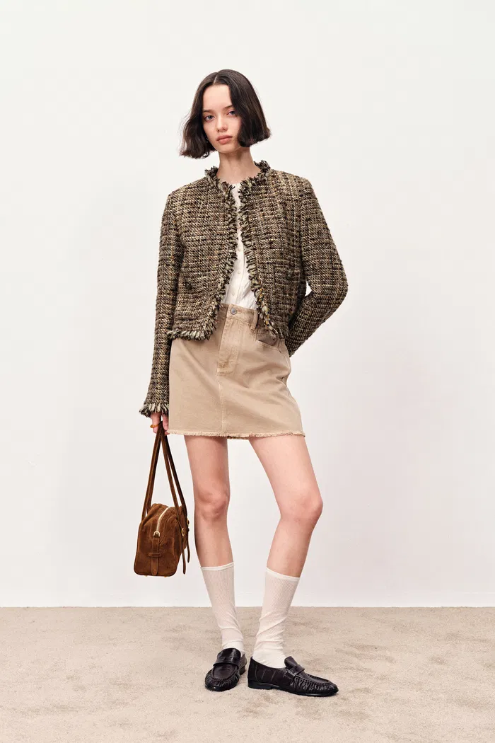 Swift Boxy Tweed Jacket in Tencel-Wool and Acetate Satin
