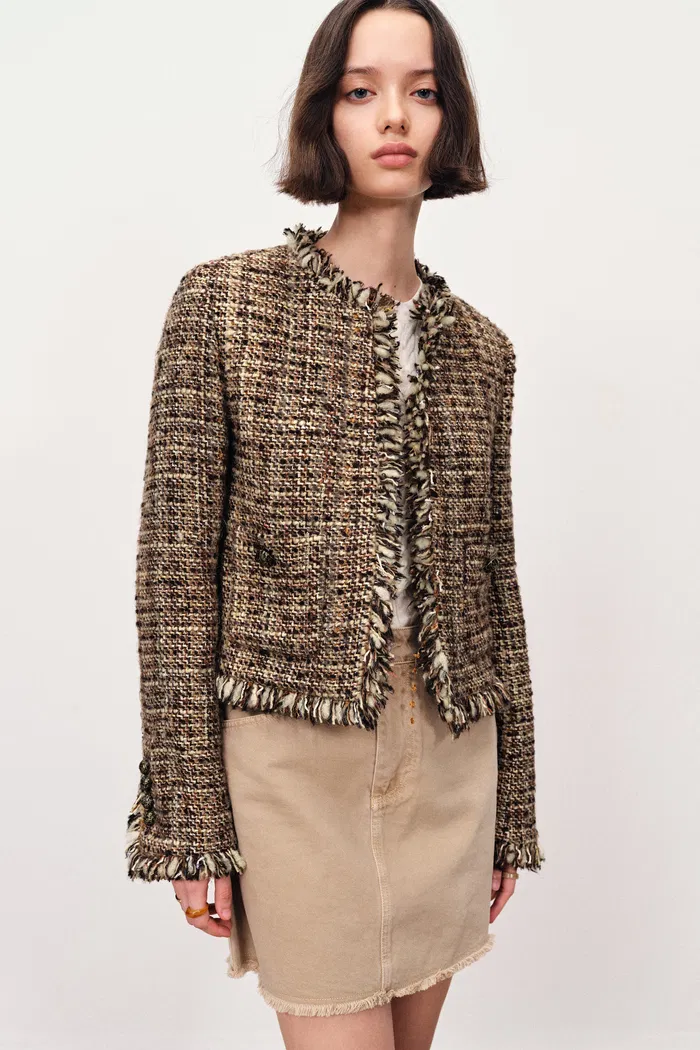 Swift Boxy Tweed Jacket in Tencel-Wool and Acetate Satin