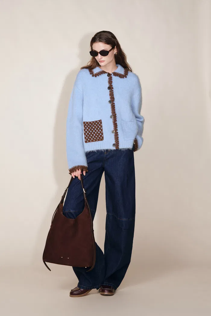 Lvy Hand Crochet Pom Pom Cardigan in Mohair Blend Knit