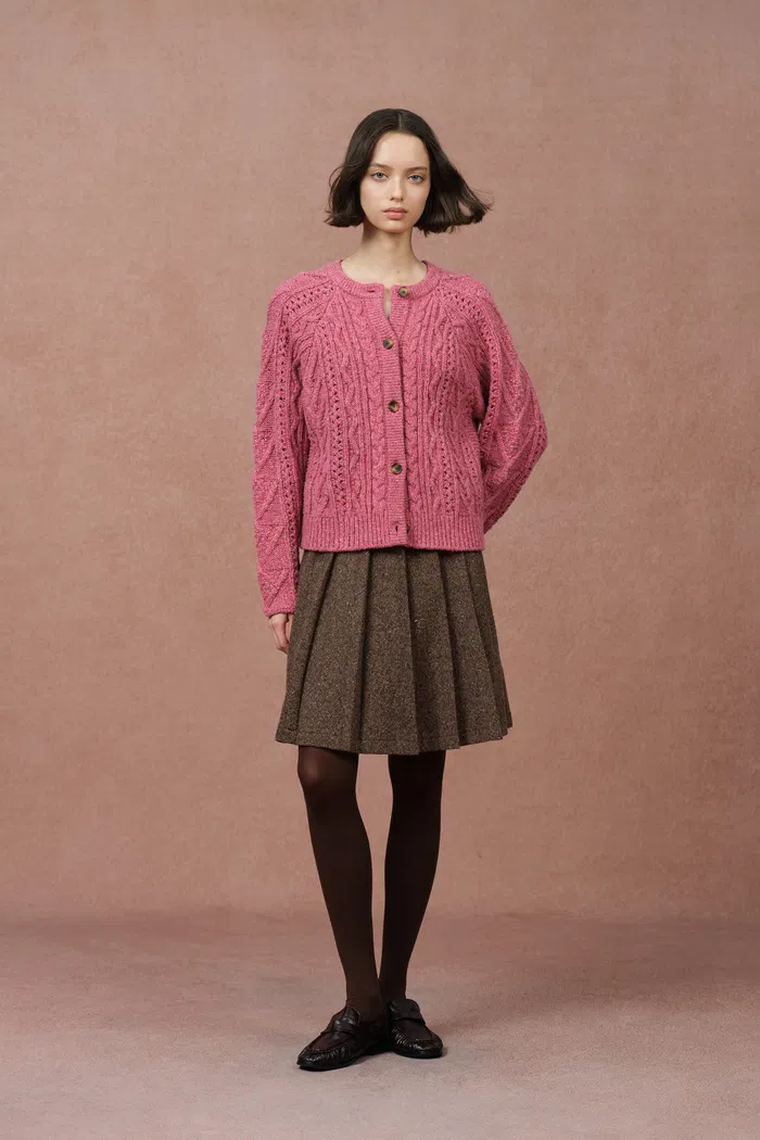 Celina Cable Knit Cardigan in Merino Wool Marled Chunky Knit