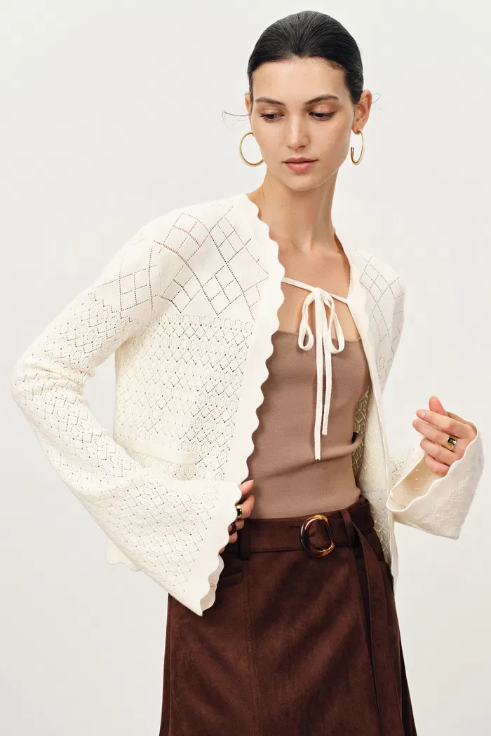 Megan Scalloped Trim Cardigan in Merino Wool Knit