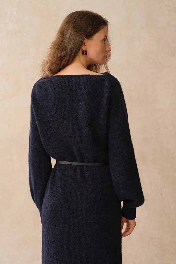 Danni Navy Boat Neck Knit Dress in Merino Wool Knit
