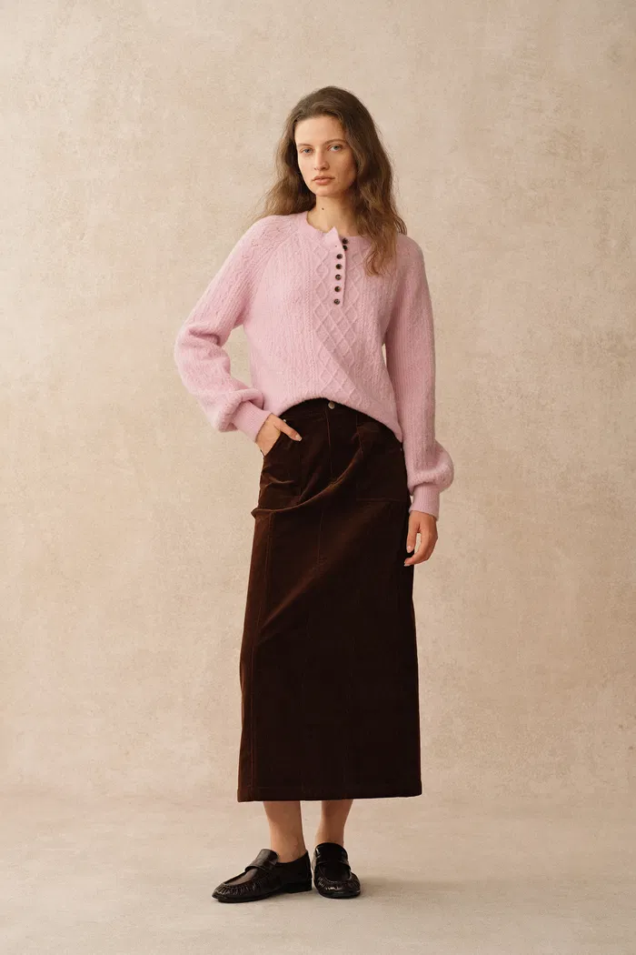 Cersei Hand Work Henley Cable Pattern Sweater in Merino Wool