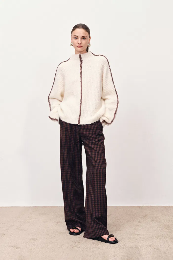 Coco Checkered Wide Leg Trousers in Merino Wool