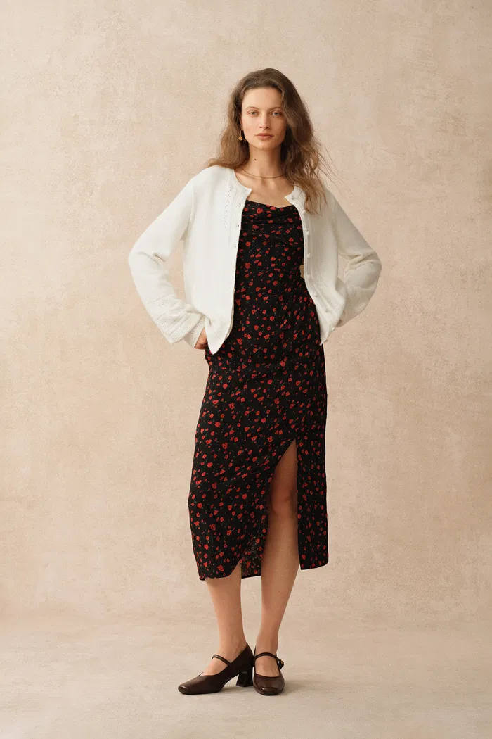 Elodie Floral Wheat Ear Cutwork Cardigan in Wool-Cashmere Rib Knit