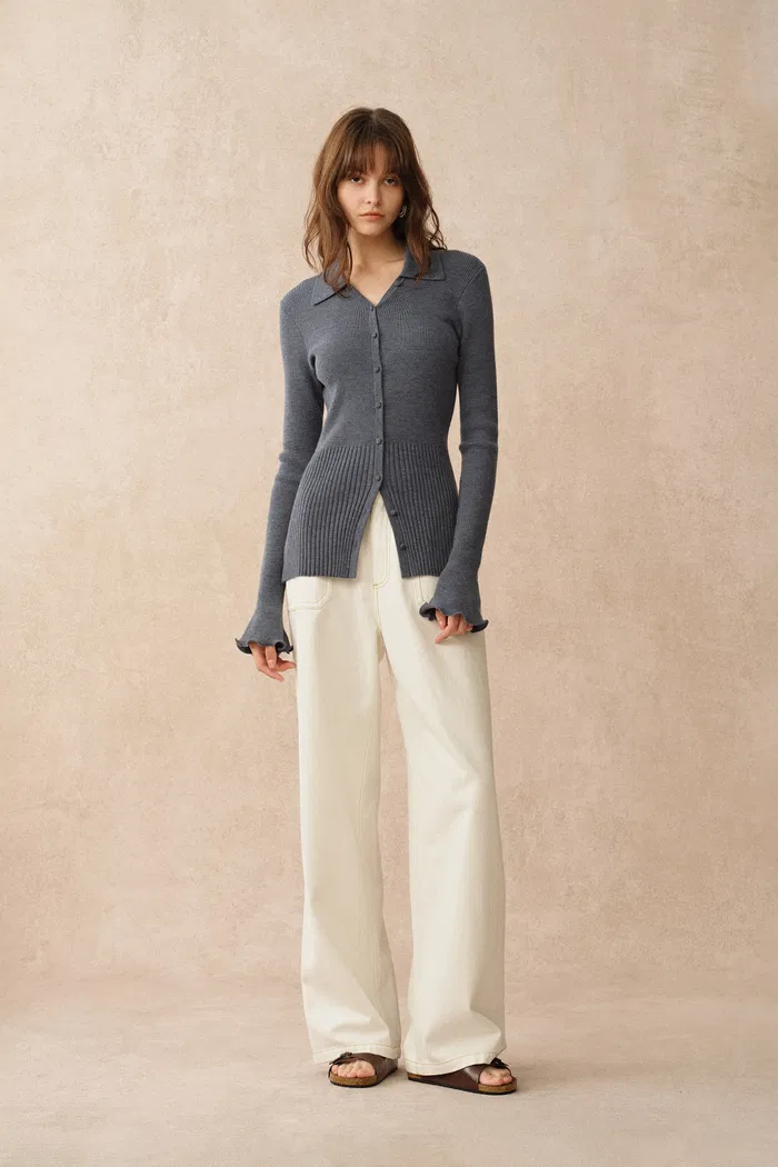 Katia Beige Wavy Cuff Fitted Collared Cardigan in Stretchy Merino Wool Cable Knit