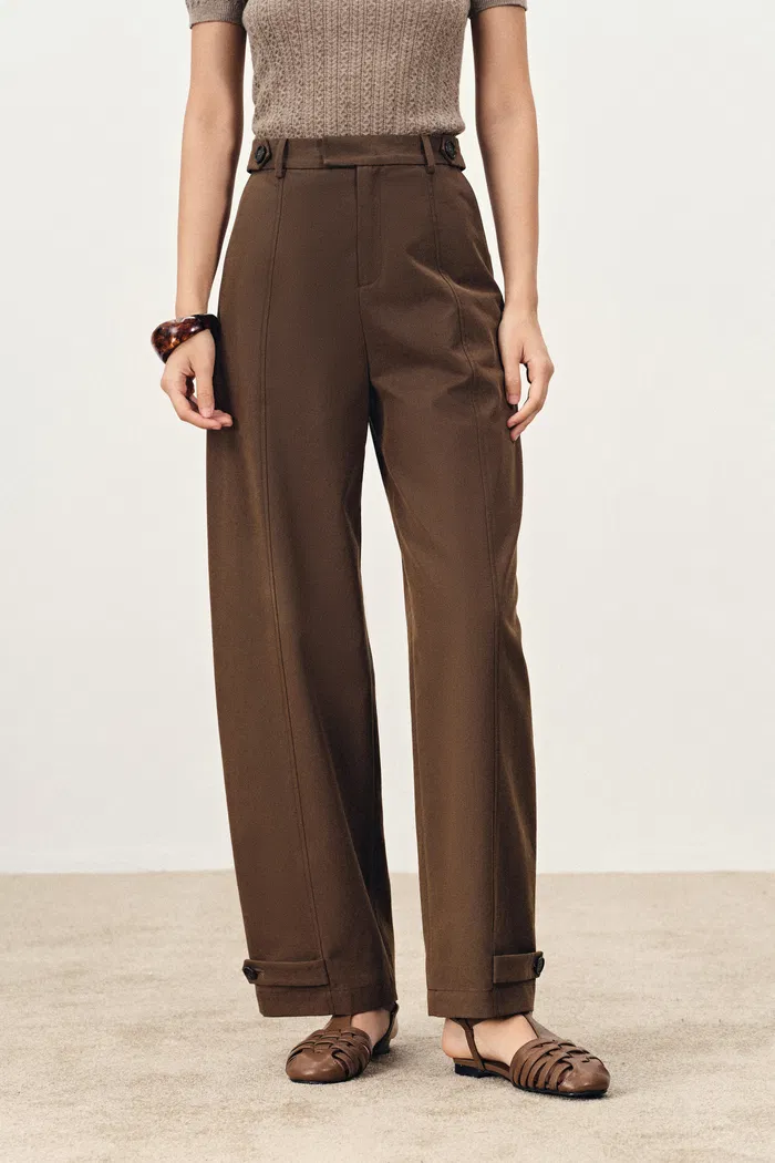 Lydia Buckle Curved Trousers in Cotton Twill