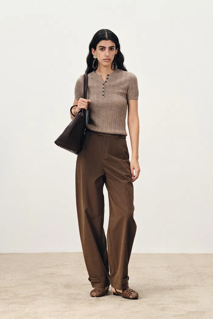 Lydia Buckle Curved Trousers in Cotton Twill