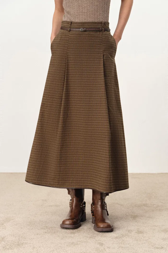 Naomi Genuine Leather Belted Plaid Skirt in Cotton Flannel