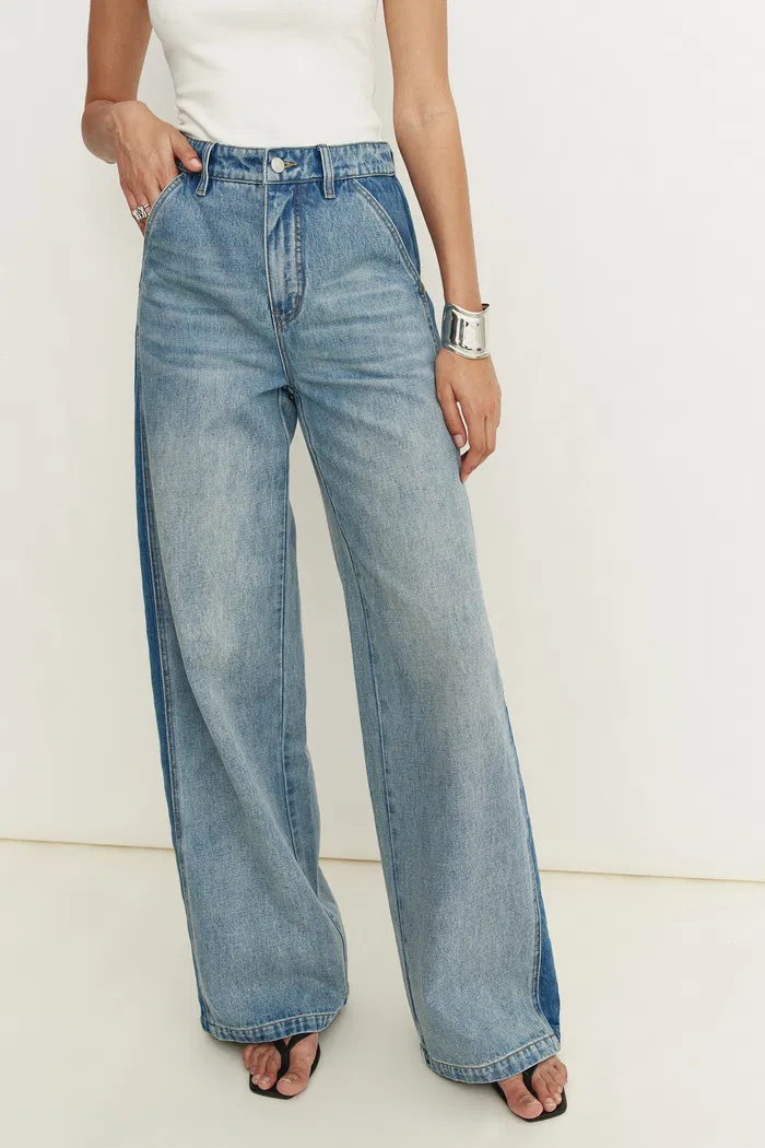 Clarisse Extended Two Tone Mixed Fabric Jeans in Cotton Denim