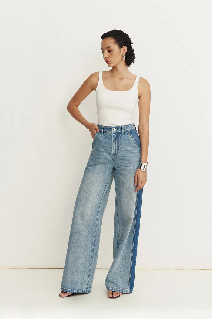 Clarisse Extended Two Tone Mixed Fabric Jeans in Cotton Denim