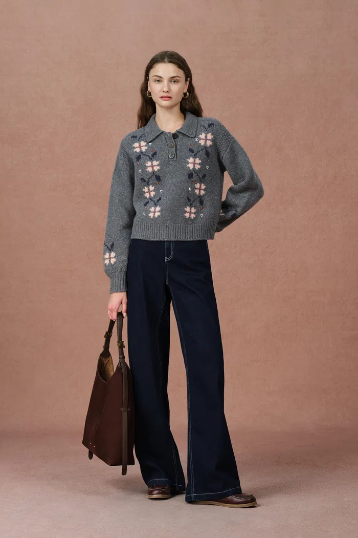 Fika Floral Knit Polo Shirt in Merino Wool Knit