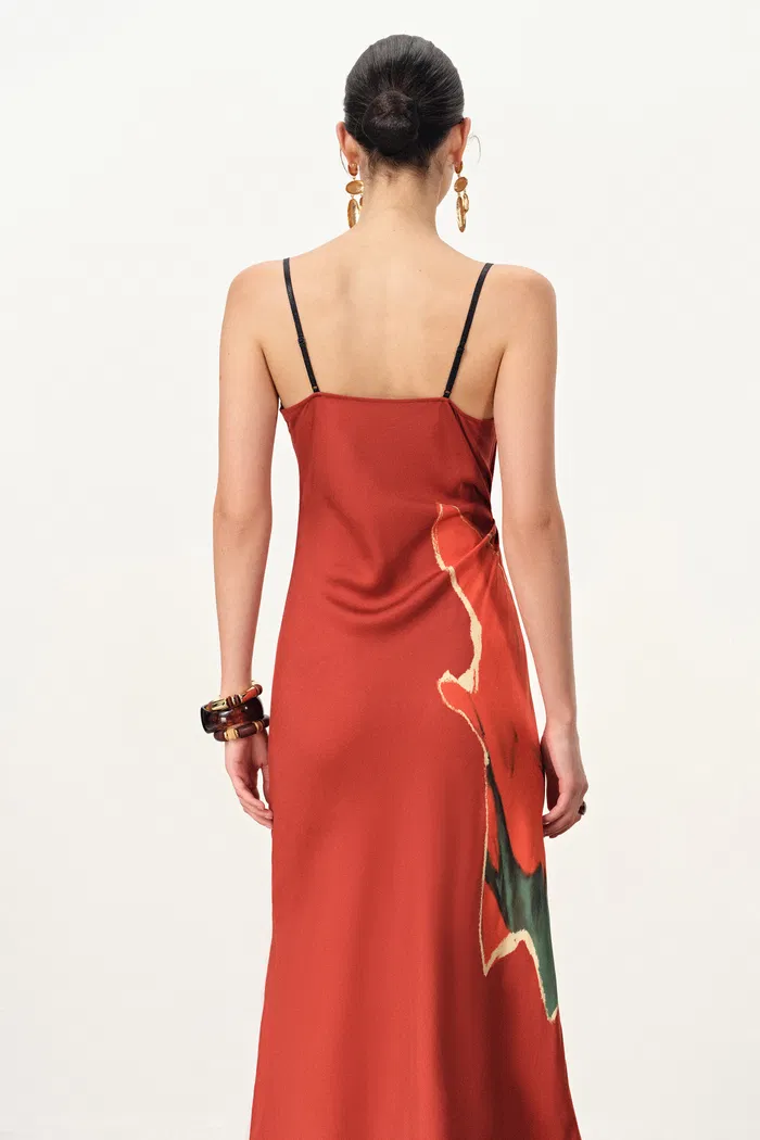 Nellie Hand Painted Printed Slip Dress in Silk Satin