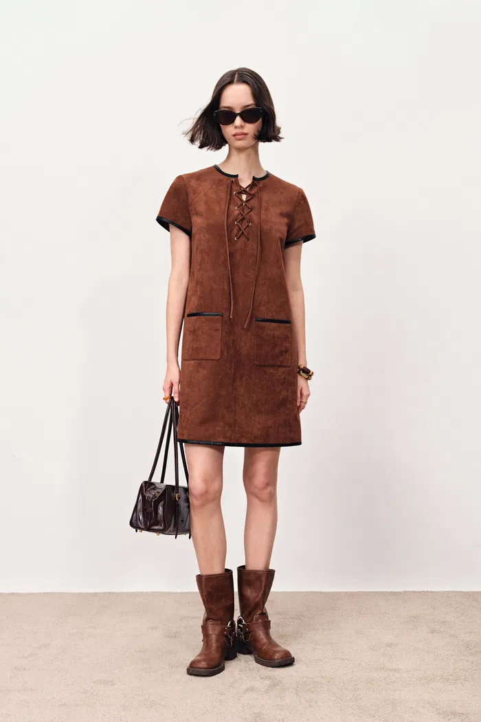 Nevaeh Hand Applied Contrast Leather Trim Short Dress in Ultrasuede