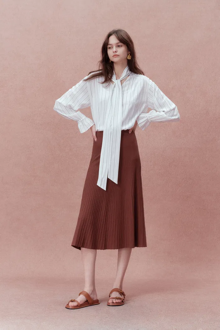 Karo Neck Tie Striped Long Sleeve Blouse in Silk Crepe