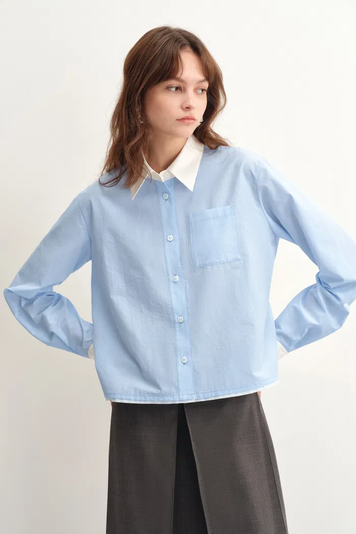 Xena White and Blue Contrast Shirt in Cotton Micro-Crepe