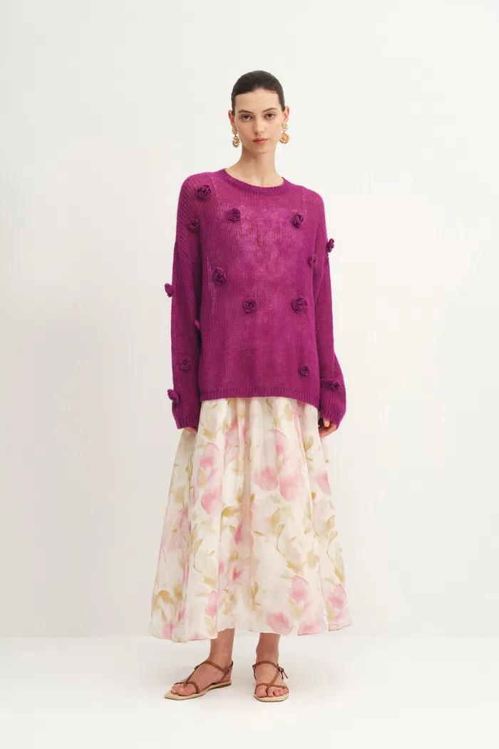 Sally Hand Crochet 3D Floral Camellia Sweater in Mohair Blend