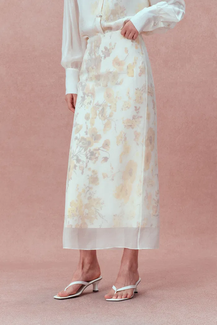 Aniyah Hand Painted Poppies Maxi Skirt in Double-Layer Silk