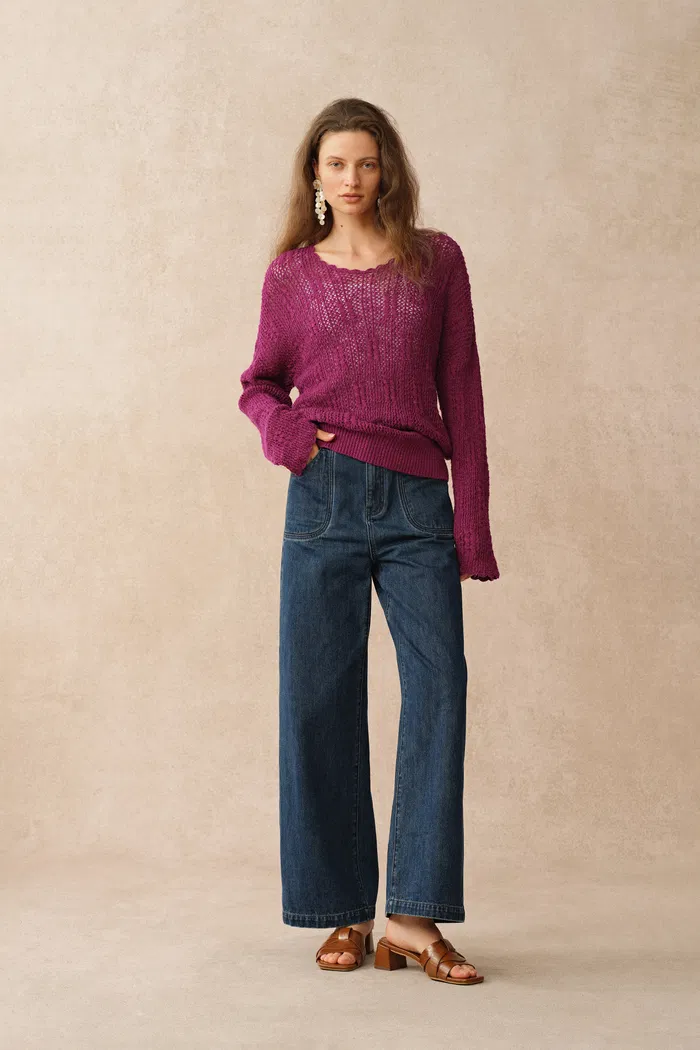 Livy Scalloped Neckline Cardigan in Textured Cotton Knit