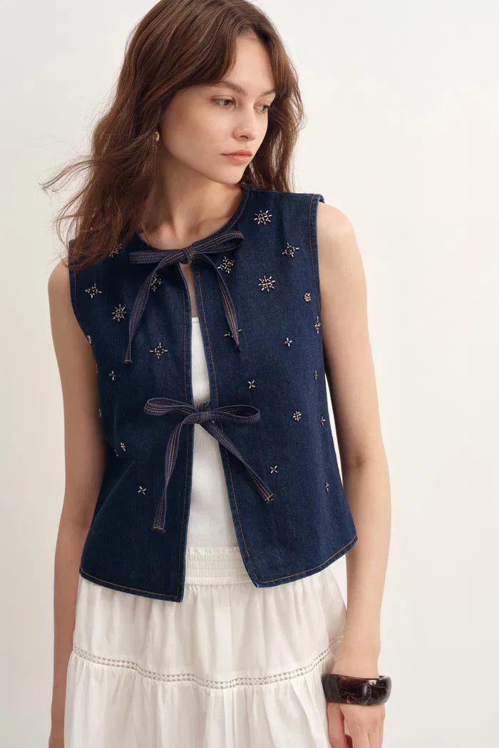 Mira Hand Beaded Star Embellished Sleeveless Top and Jeans Matching Set in Lyocell Denim