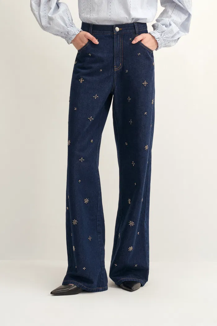 Hestia Hand Beaded Star Embellishment Jeans in Lyocell Denim