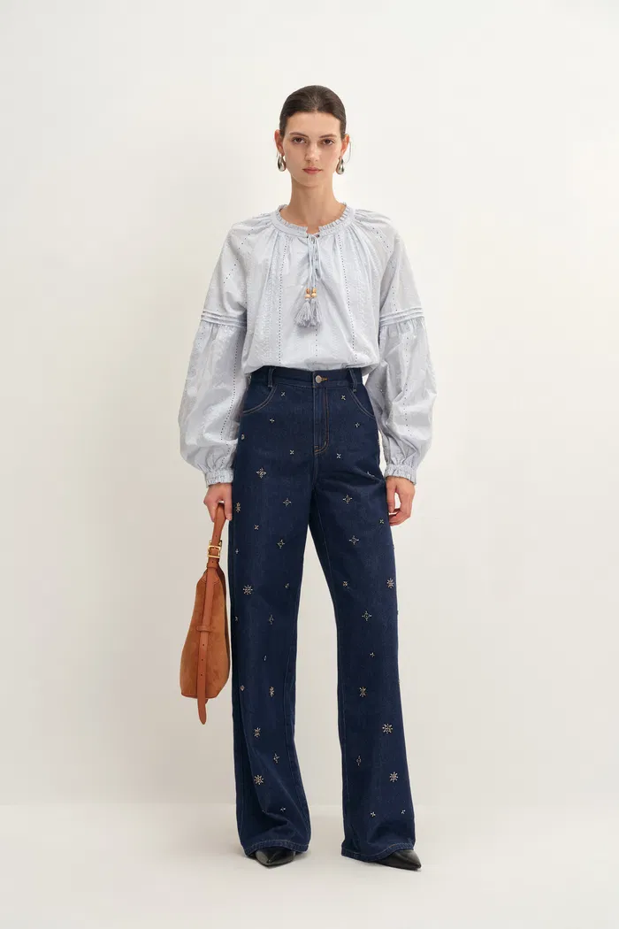 Hestia Hand Beaded Star Embellishment Jeans in Lyocell Denim