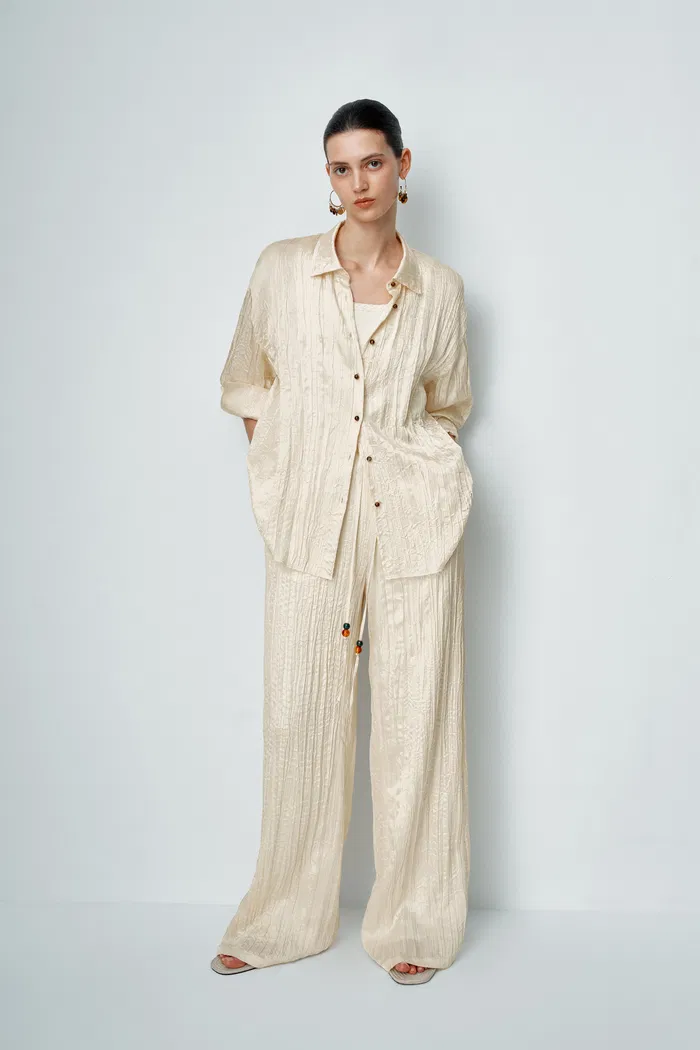 Chiara Crinkled Shirt and Pant Matching Set in Pleated Satin