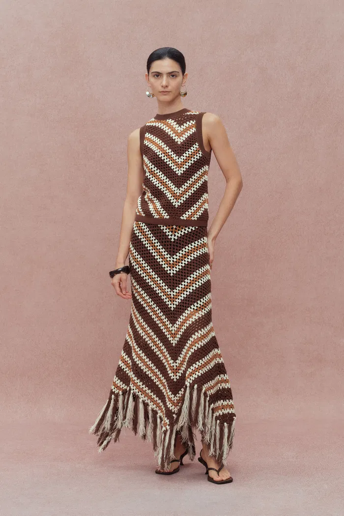 Clara Hand Crochet Sleeveless Top and Skirt Matching Set in Cotton-Linen Tape Yarn
