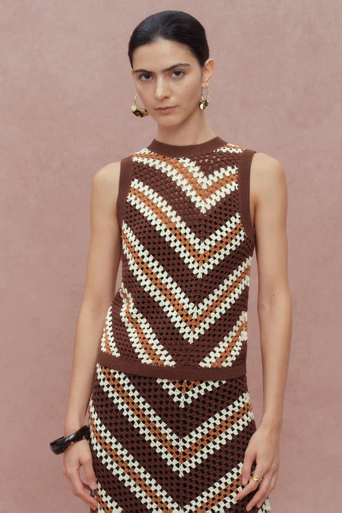 Clara Hand Crochet Sleeveless Top and Skirt Matching Set in Cotton-Linen Tape Yarn