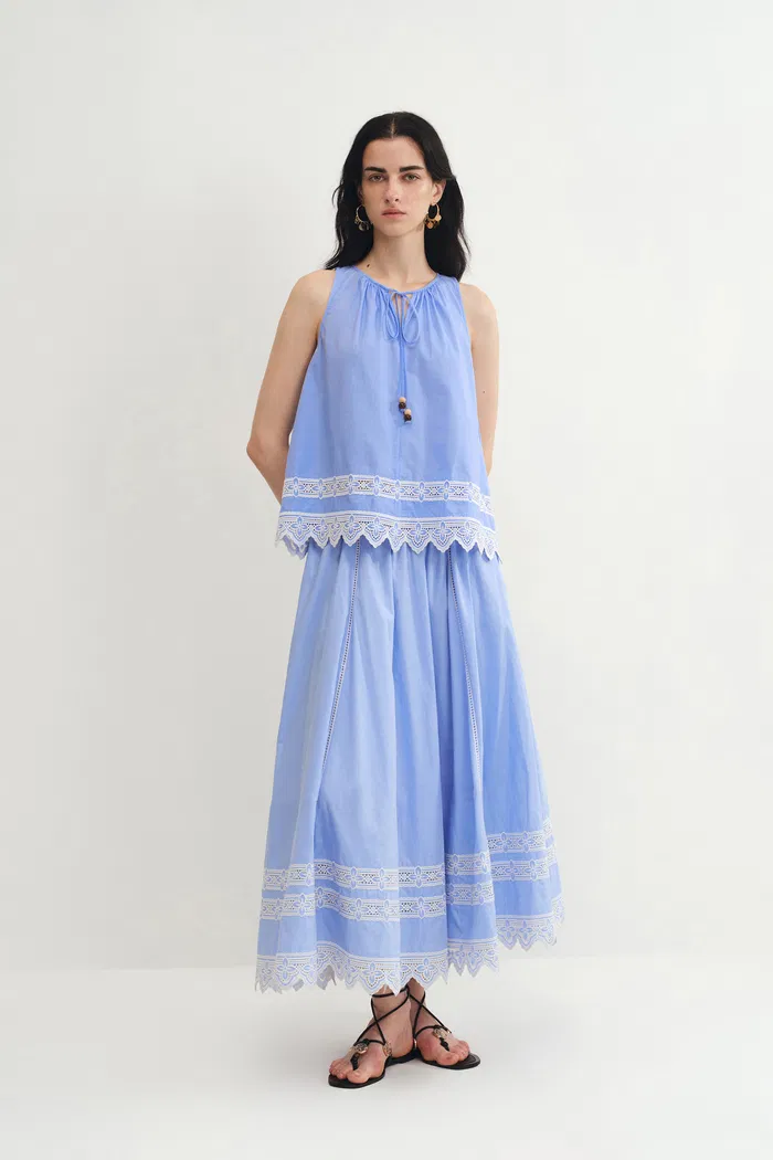 Margherita Embroidery Sleeveless Top and Skirt Matching Set in Premium Cotton Poplin