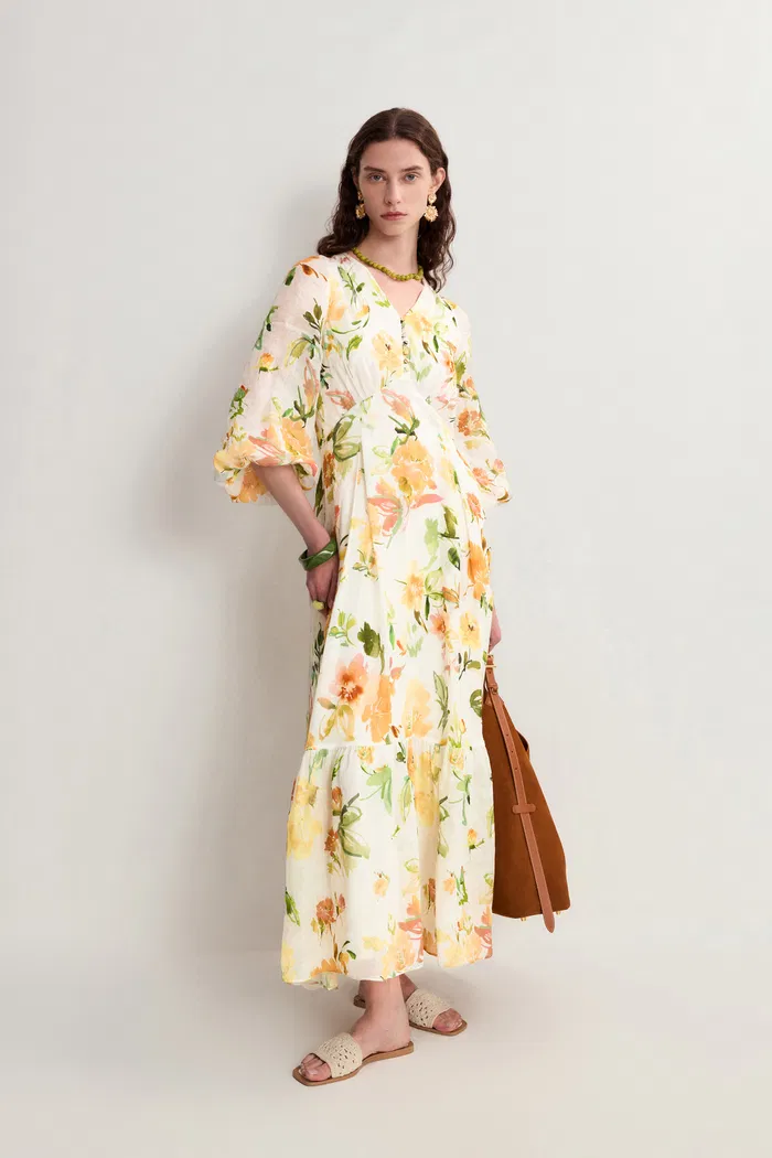 Whitney Flora Lantern Sleeve Maxi Dress in Lyocell Ramie