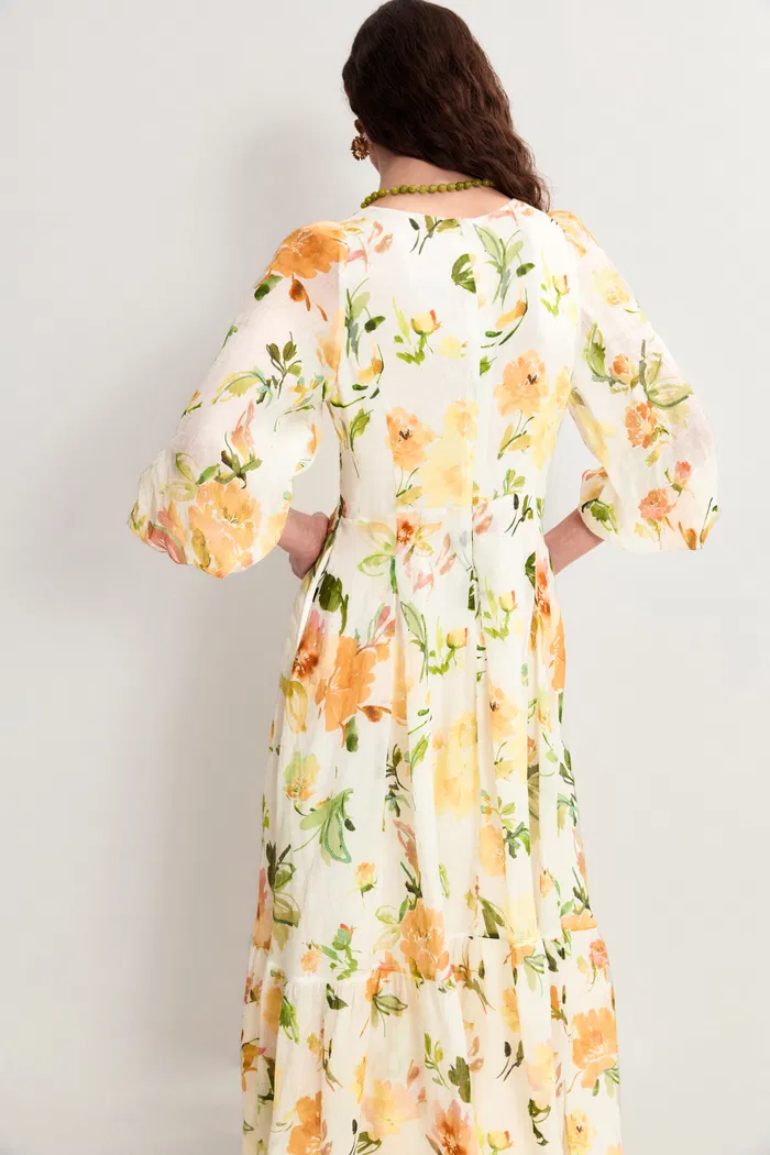 Whitney Flora Lantern Sleeve Maxi Dress in Lyocell Ramie
