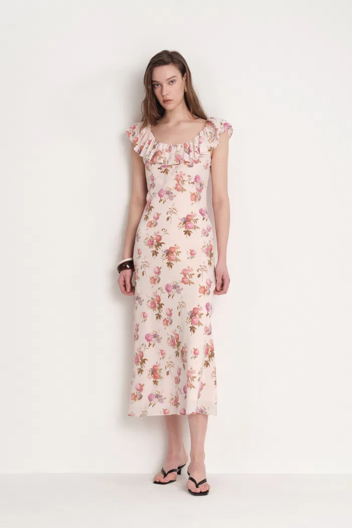 Morita Ruffle Collar Flora Dress in Mulberry Silk