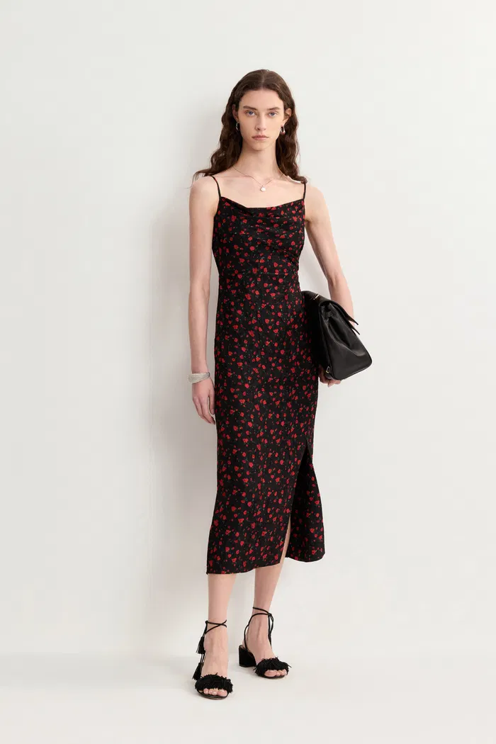 Coral Cowl Neck Adjustable Strap Dress in Textured Silk
