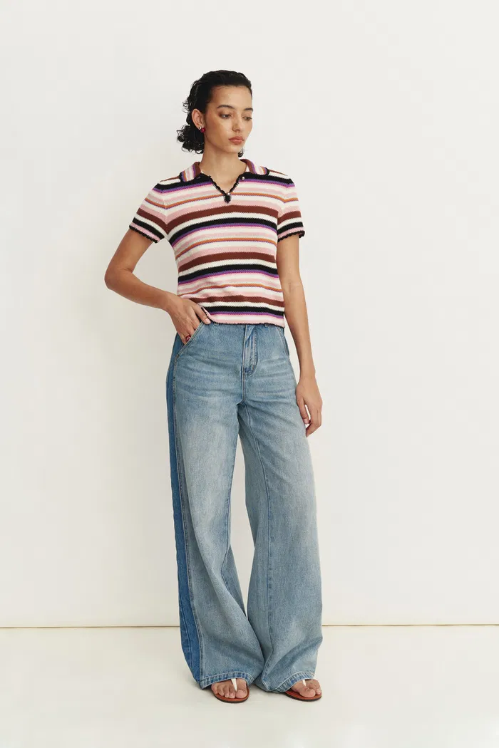 Lotty Colorful Stripe Top in Cotton Linen Blend Knit