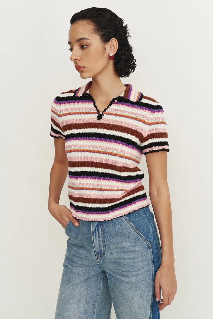 Lotty Colorful Stripe Top in Cotton Linen Blend Knit