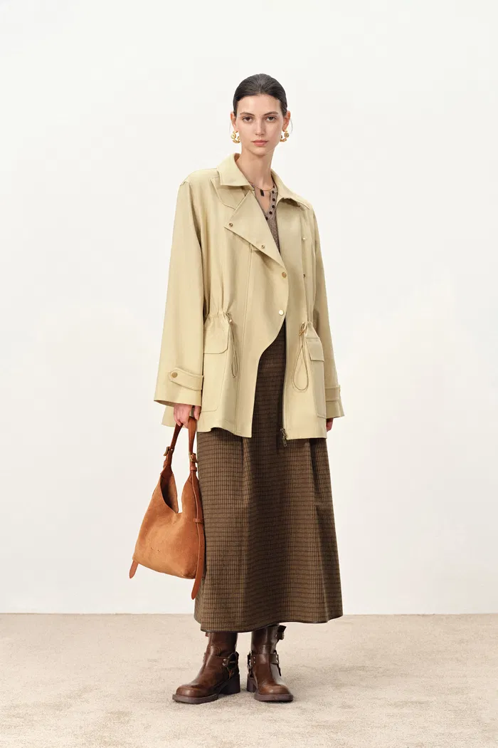 Nina Wrinkle Resistant Lapel Coat Jacket in Cotton Trench