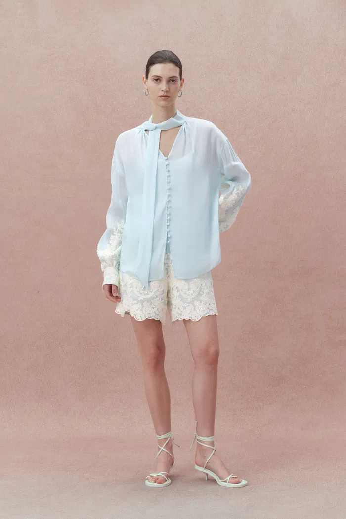 Paz Blue Embroidered Top in Silk-Linen Blend