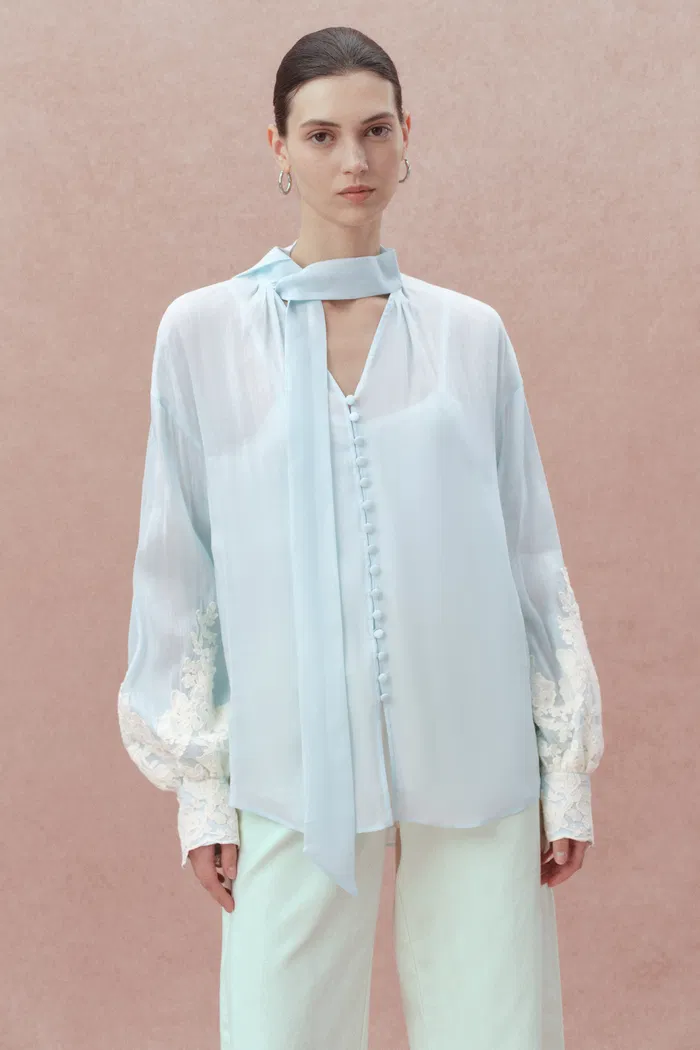 Paz Blue Embroidered Top in Silk-Linen Blend
