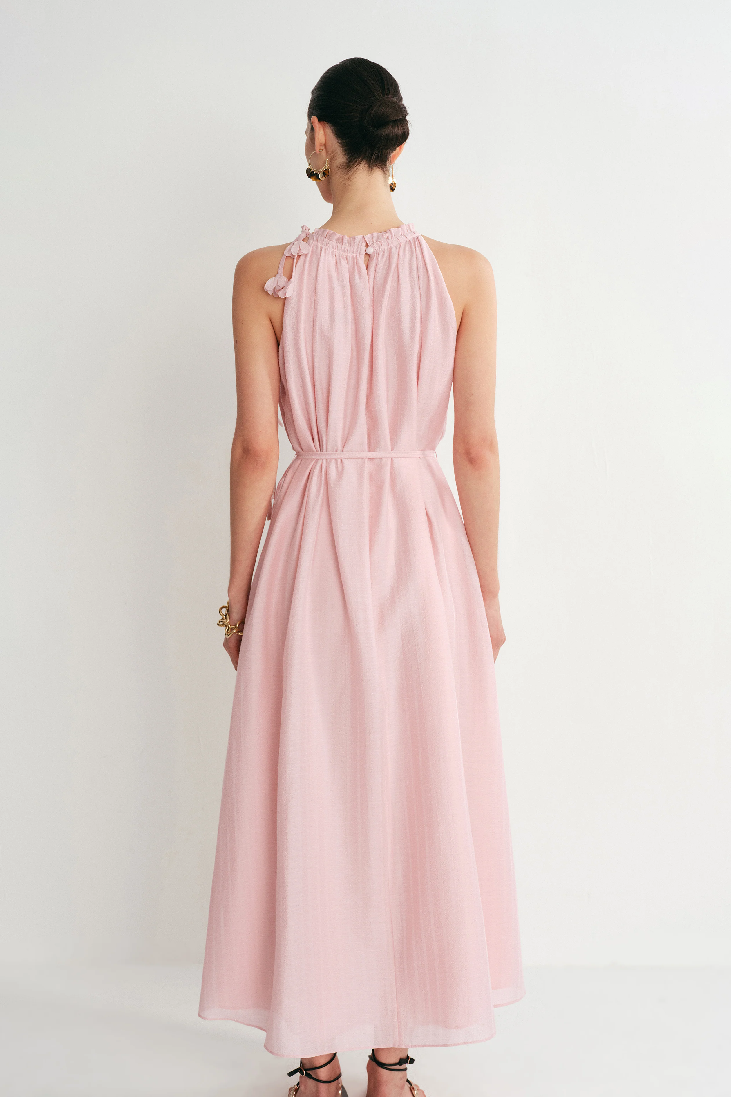Alice Pink Hand Flora Sleeveless Dress in Acetate-Linen Blend