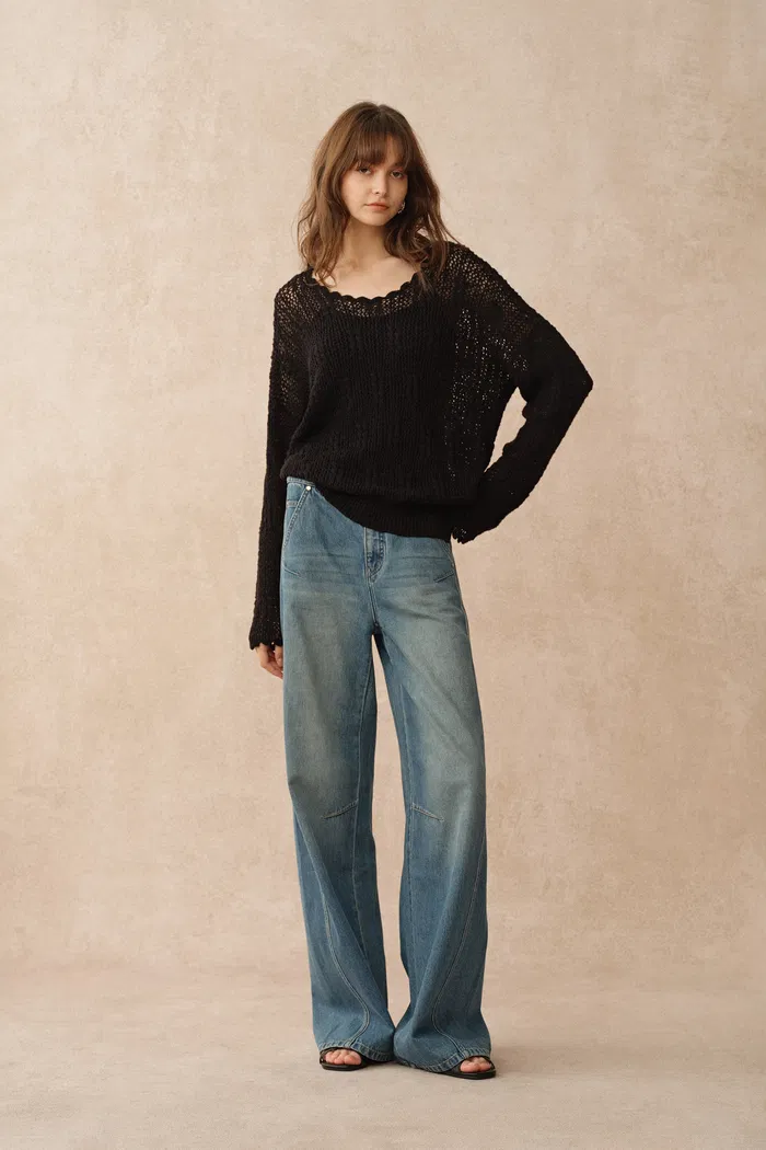 Livy Scalloped Neckline Cardigan in Textured Cotton Knit