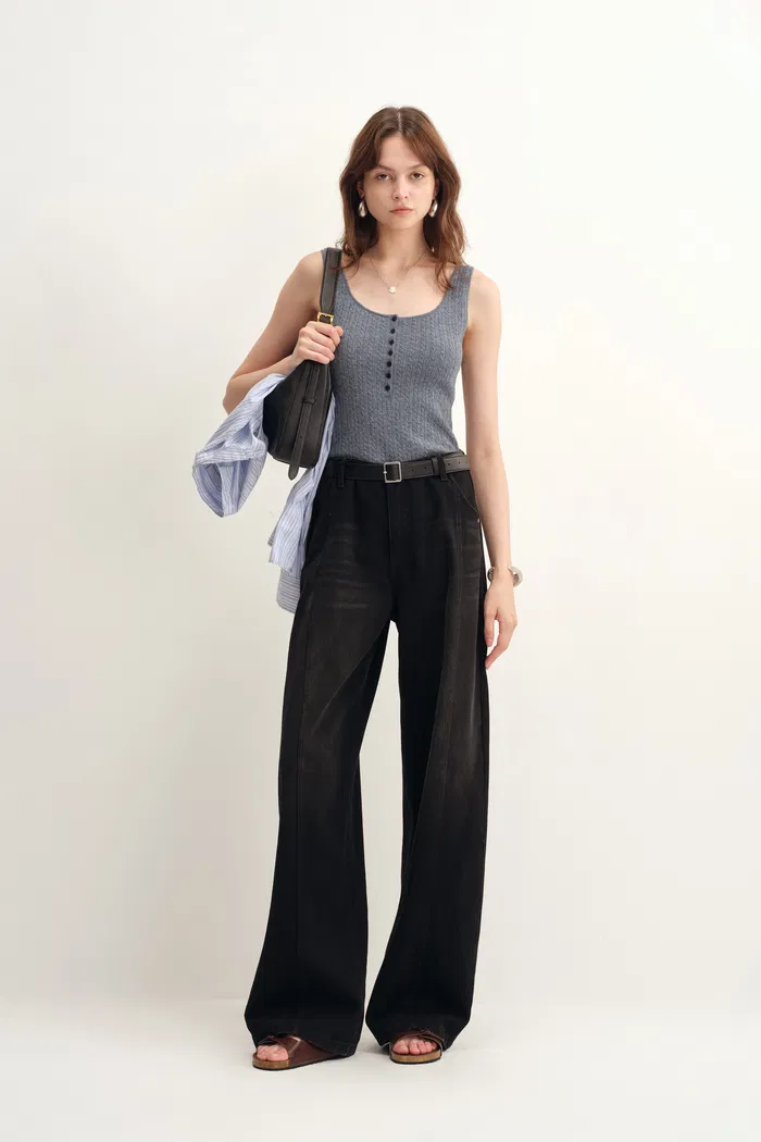 Anna Grey Henley Tank Top in Merino Wool with Stretch