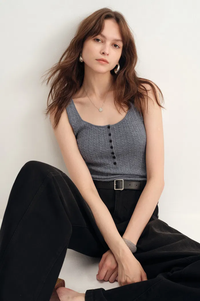 Anna Grey Henley Tank Top in Merino Wool with Stretch