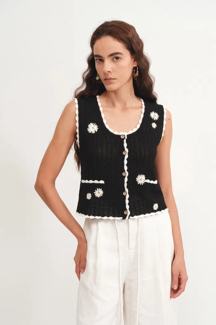 Azores Crochet Daisy Knit Top in Cotton-Linen Blend